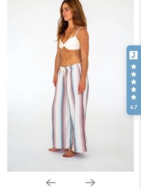 Striped Wide-Leg Drawstring Lounge Pants - White with Blue & Rust Stripes